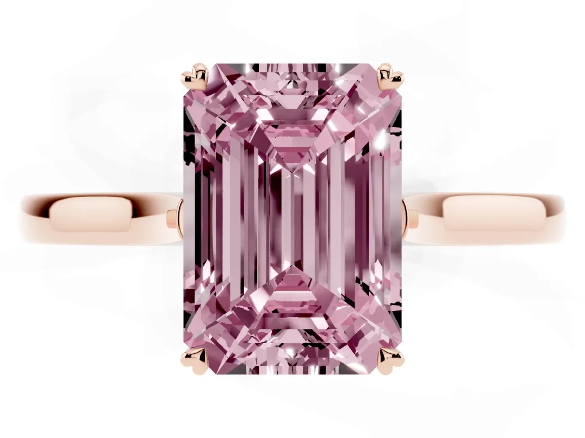 Fancy Pink Emerald Cut Solitaire Heart Prong Engagement Ring with Tapered Band Rose gold