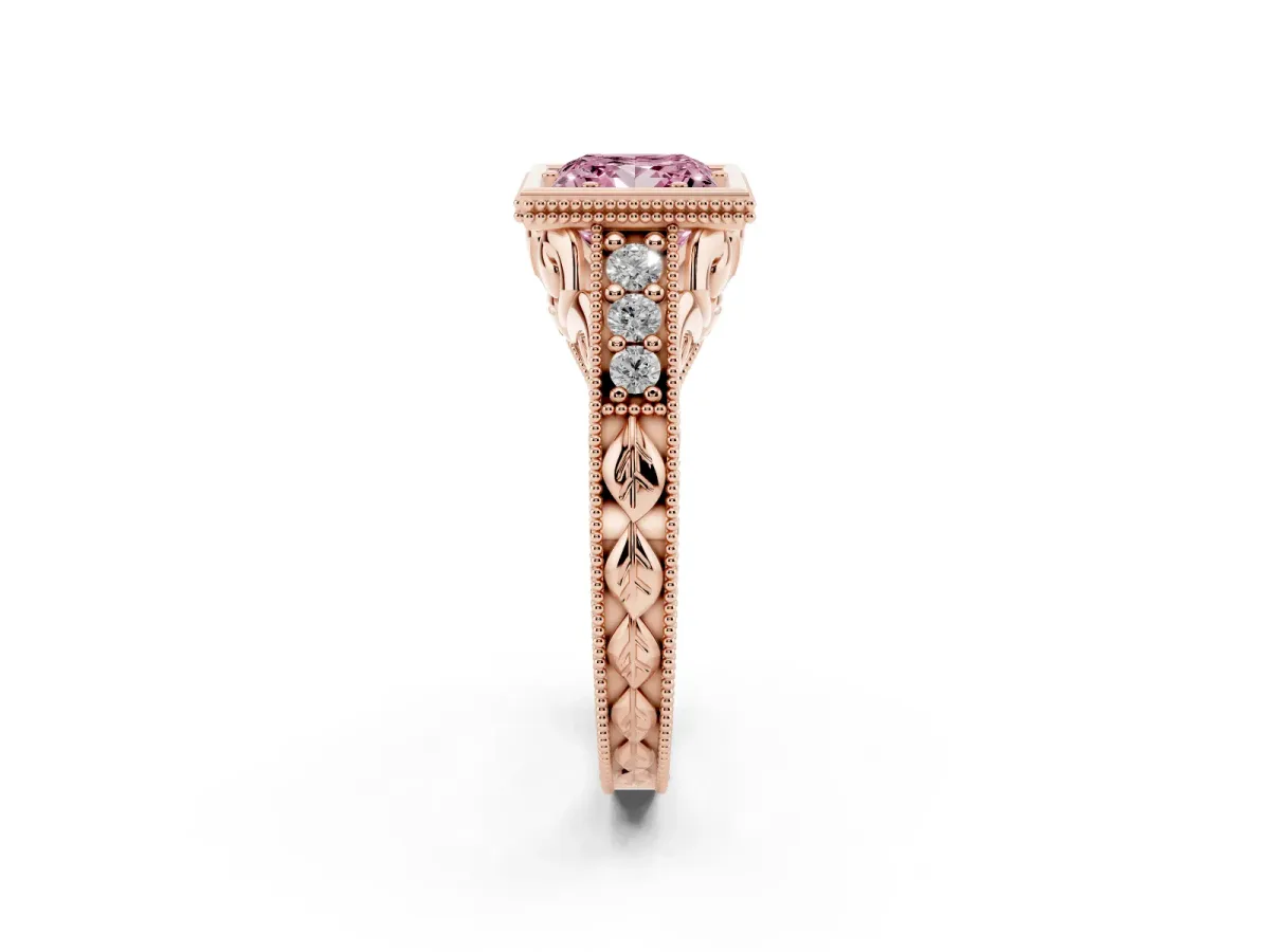 Fancy Pink Bezel Set Princess Cut Diamond Milgrain Pave Engagement Ring Rose gold