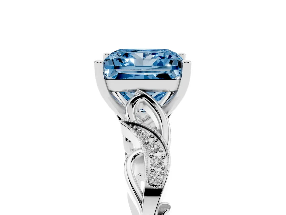 Fancy Blue Princess Cut Solitaire Vine Band with Milgrain Prong Setting Silver