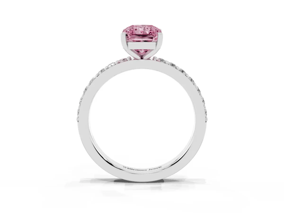 Fancy Pink Radiant Cut Cut Diamond Solitaire with Pave Band and Four-Prong Setting Platinum