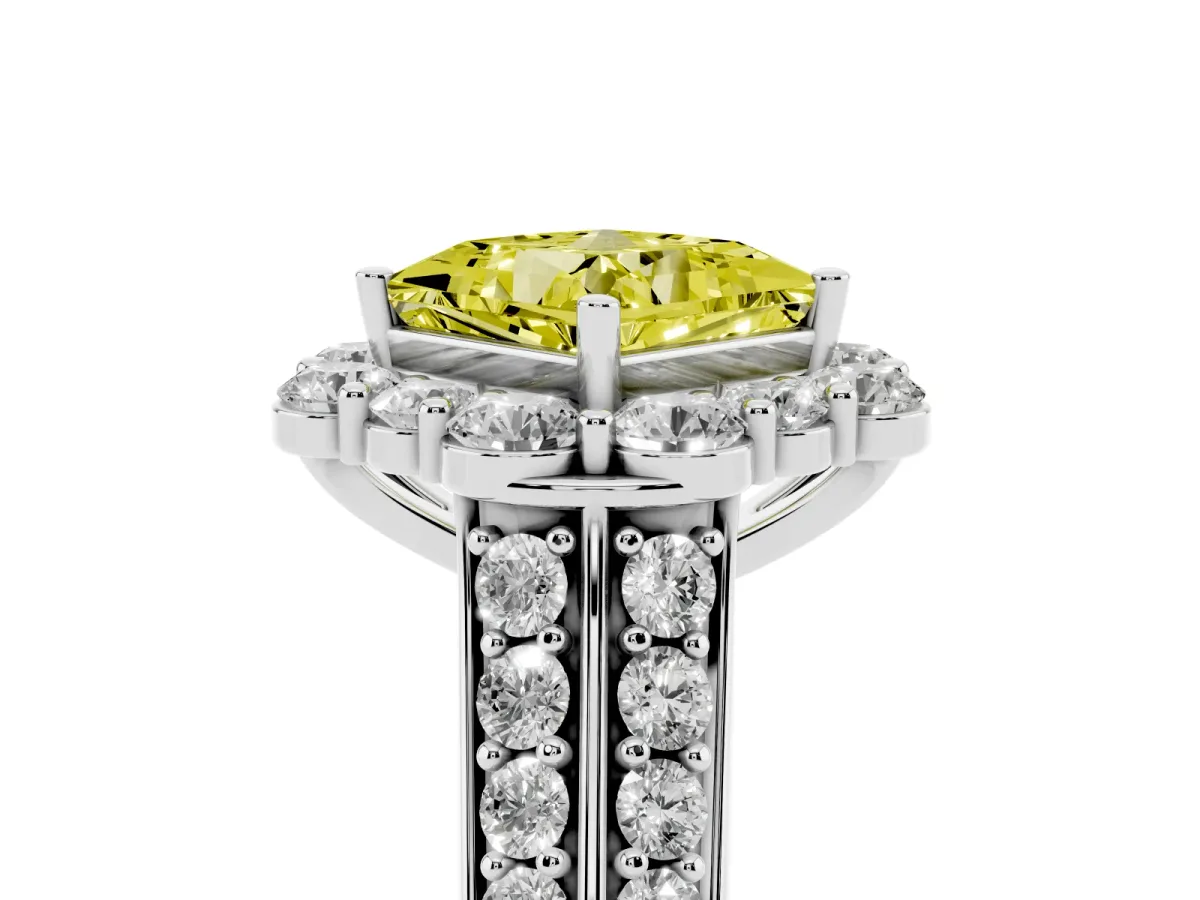 Fancy Yellow Princess Cut Halo Diamond Engagement Ring with Split Shank and Prong Setting Silver