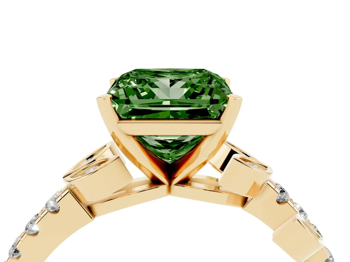 Fancy Green Princess Cut Solitaire Leaf-Inspired Diamond Ring with Pavé Band and Four-Prong Setting Yellow gold