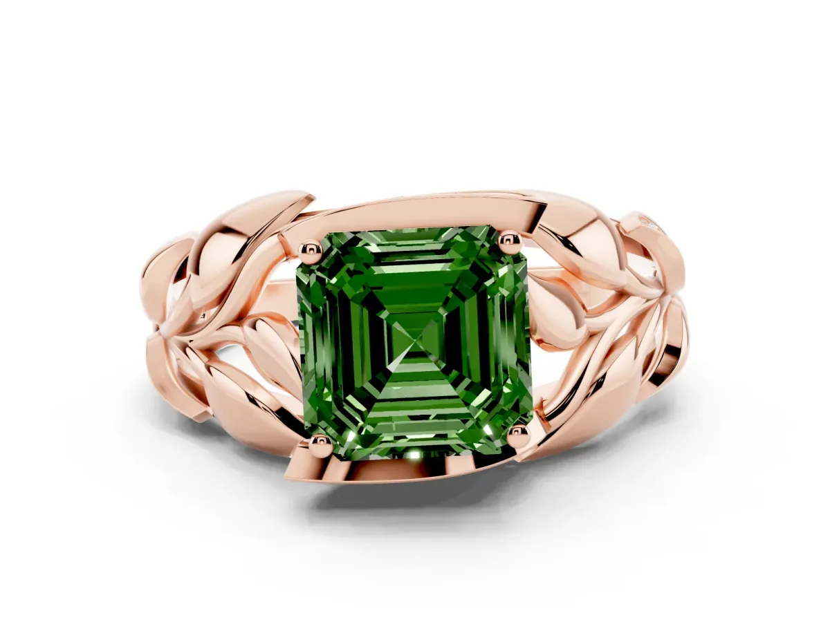 Fancy Green Asscher Cut Diamond Leaf-Inspired Engagement Ring with Round Accents and Prong Setting Rose gold
