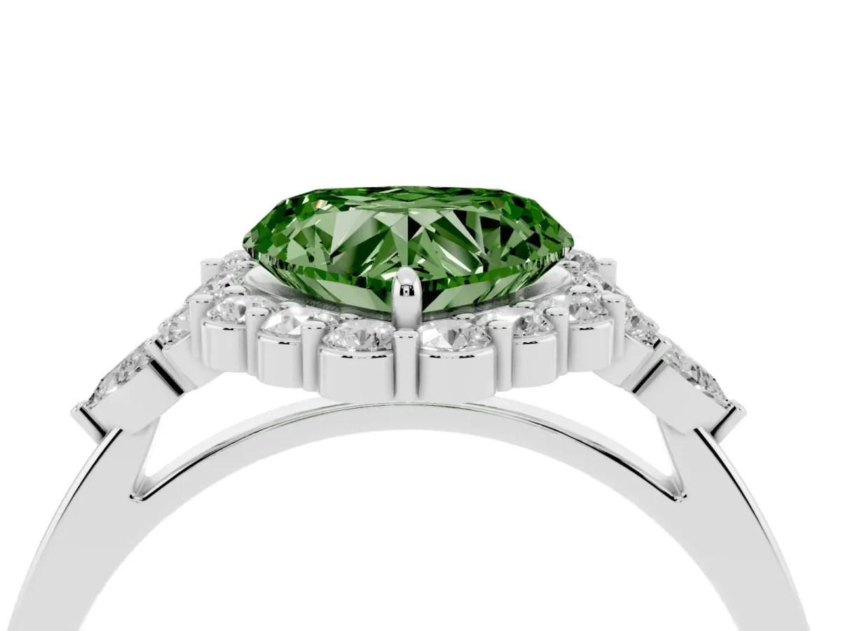 Fancy Green Heart Cut Diamond Halo Ring with Pear Side Stones and Prong Setting Silver