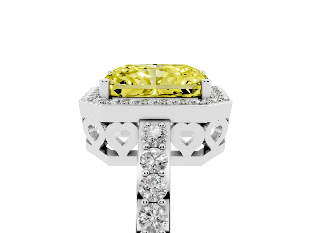 Fancy Yellow Radiant Cut Halo Diamond Pavé Band Ring with Prong Setting Platinum