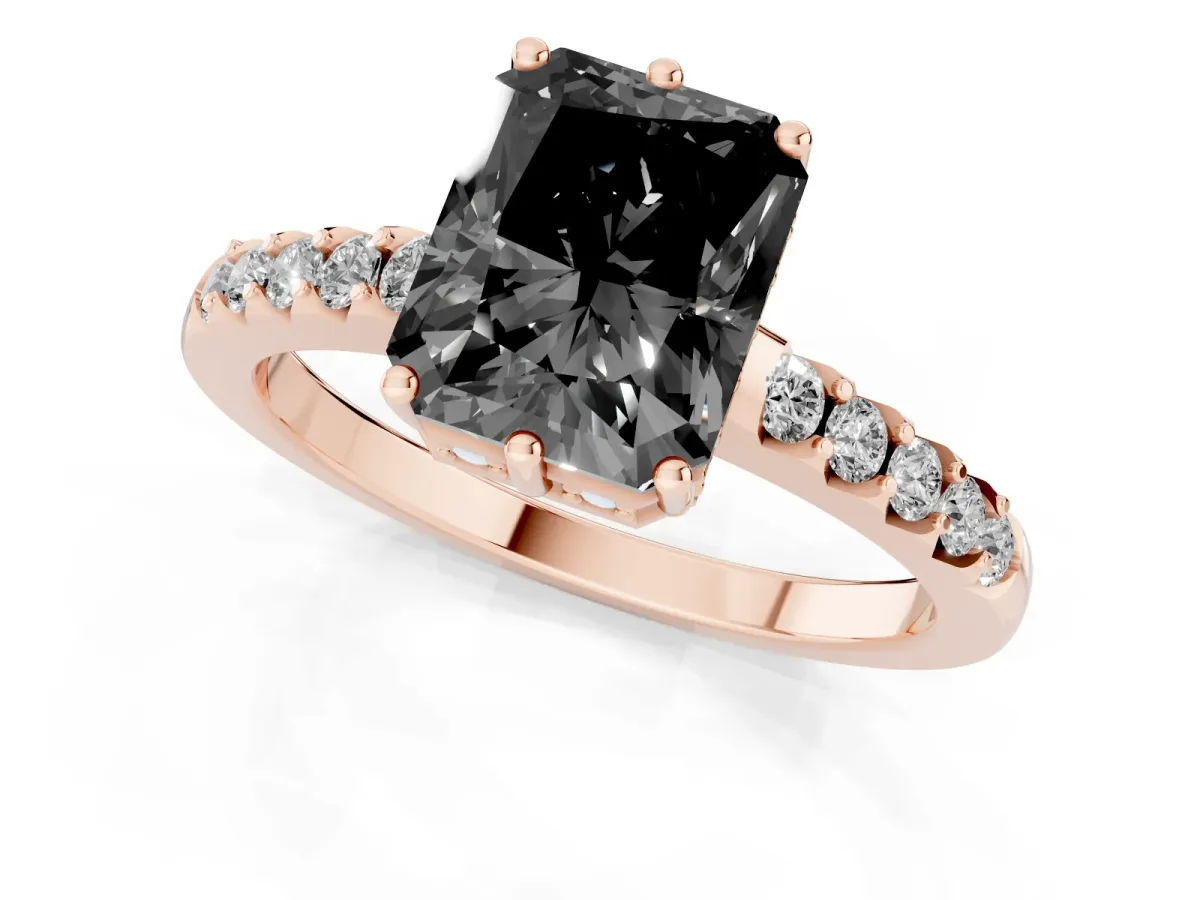 Fancy Black Radiant Cut Solitaire Diamond Engagement Ring with Pavé Band and Six-Prong Setting Rose gold