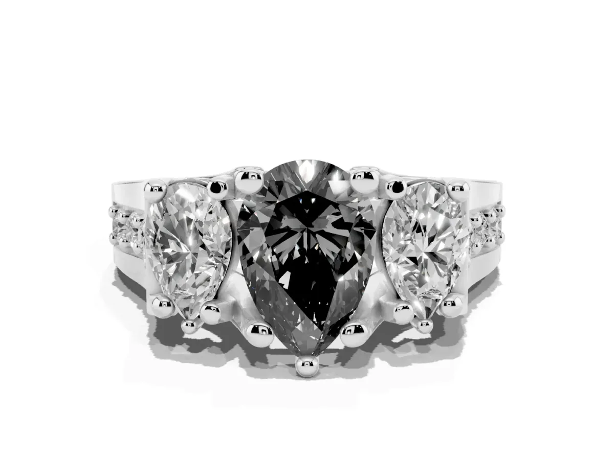 Fancy Black Pear Cut Diamond Three-Stone Ring with Channel Set Band and Four-Prong Setting Silver