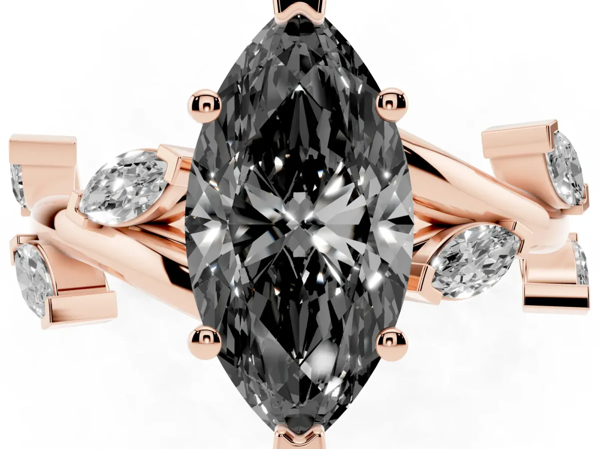 Fancy Black Marquise Cut Solitaire Twisted Band Marquise Accent Prong Setting Ring Rose gold