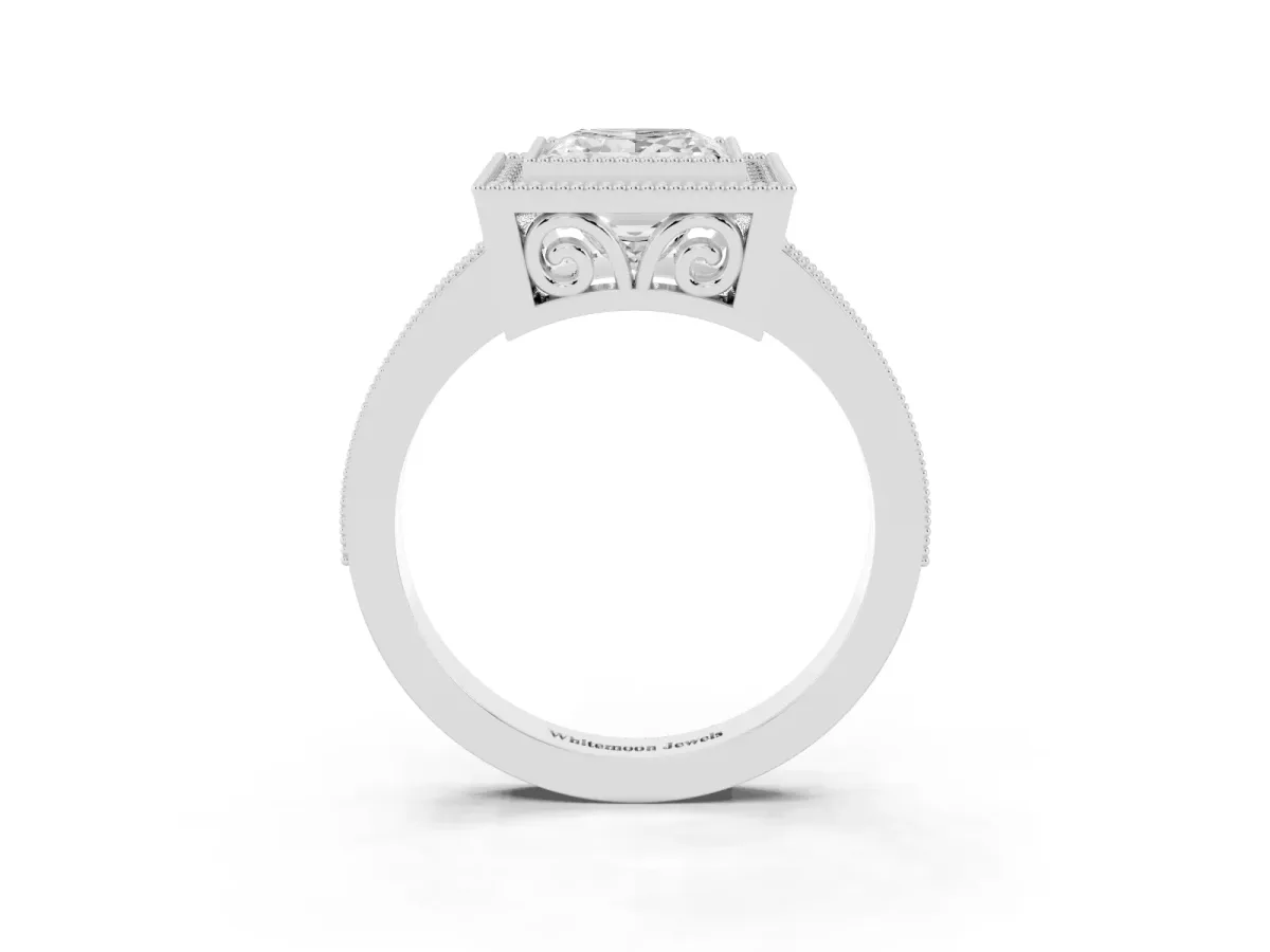 Princess Cut Cut Halo Diamond Ring with Pavé Band and Milgrain Prong Setting Silver