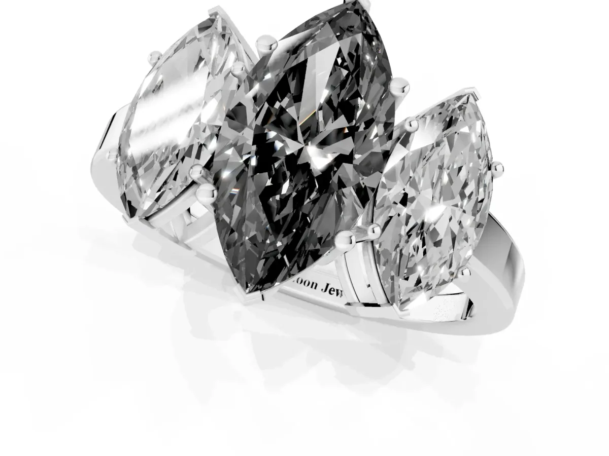 Fancy Black Three-Stone Marquise Cut Cut Diamond Engagement Ring with Flat Band and Four-Prong Setting Silver