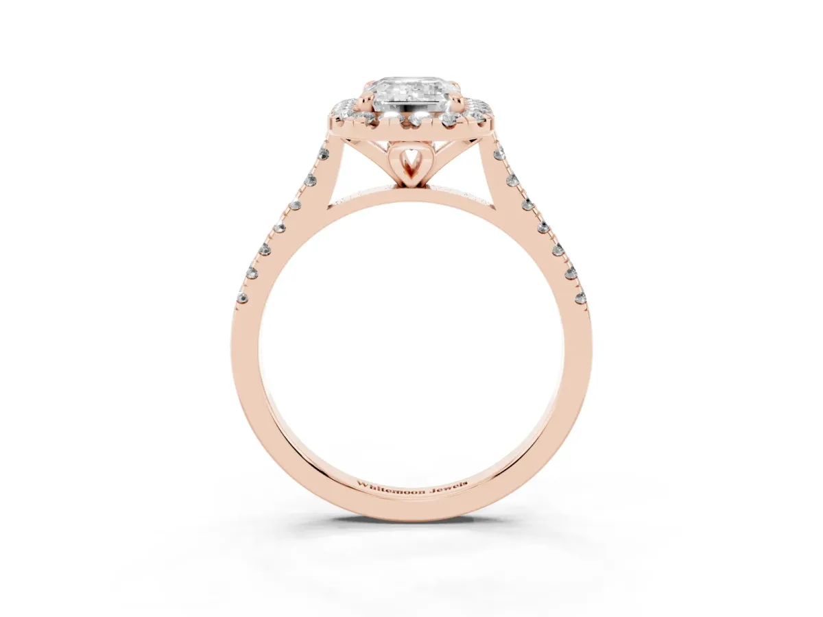 Emerald Cut Diamond Cushion Halo Ring with Pavé Band Rose gold
