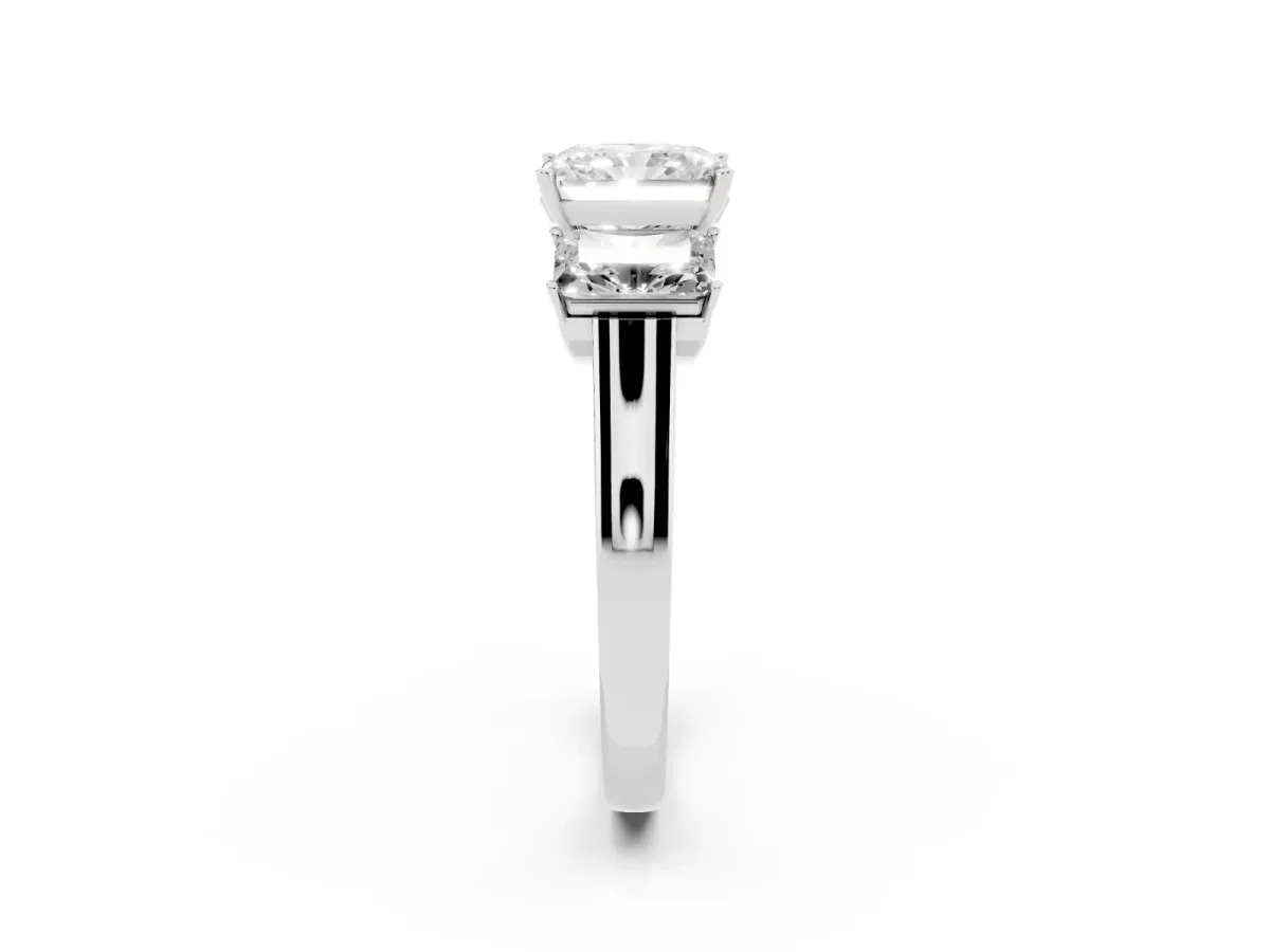 Three-Stone Radiant Cut Brilliant Diamond Trellis Ring with Comfort Fit Band Platinum