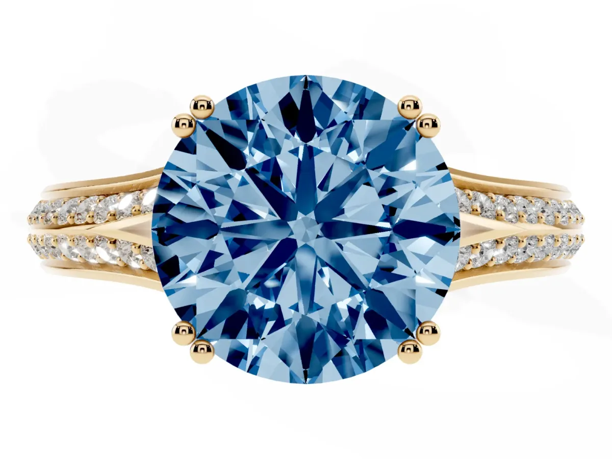 Fancy Blue Round Cut Diamond Split Shank Engagement Ring with Pavé Band Yellow gold