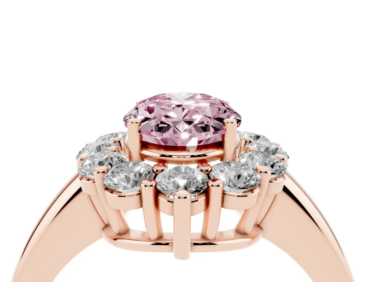 Fancy Pink Oval Cut Halo Cluster Diamond Engagement Ring with Prong Setting and Polished Band Rose gold