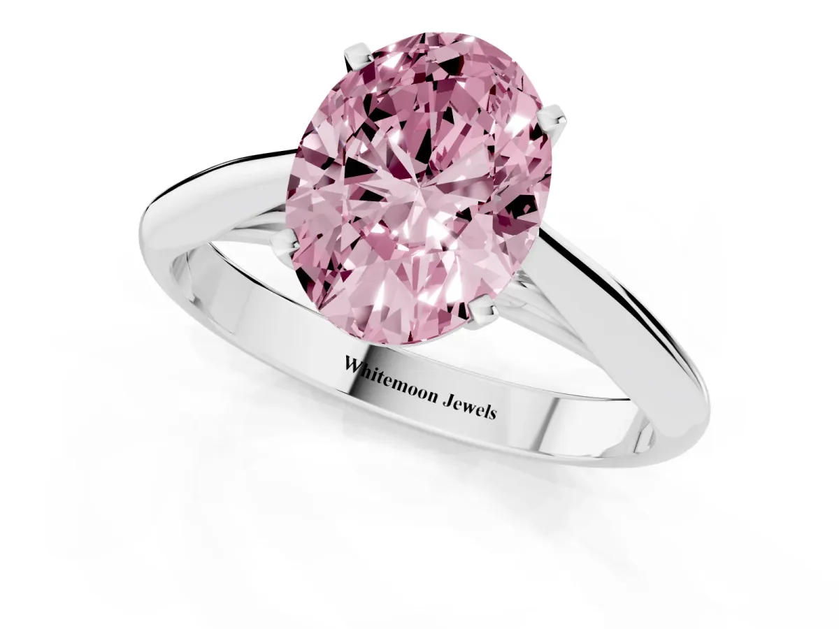 Fancy Pink Oval Cut Diamond Solitaire Engagement Ring with Cathedral Setting and Four-Prong Mount Silver