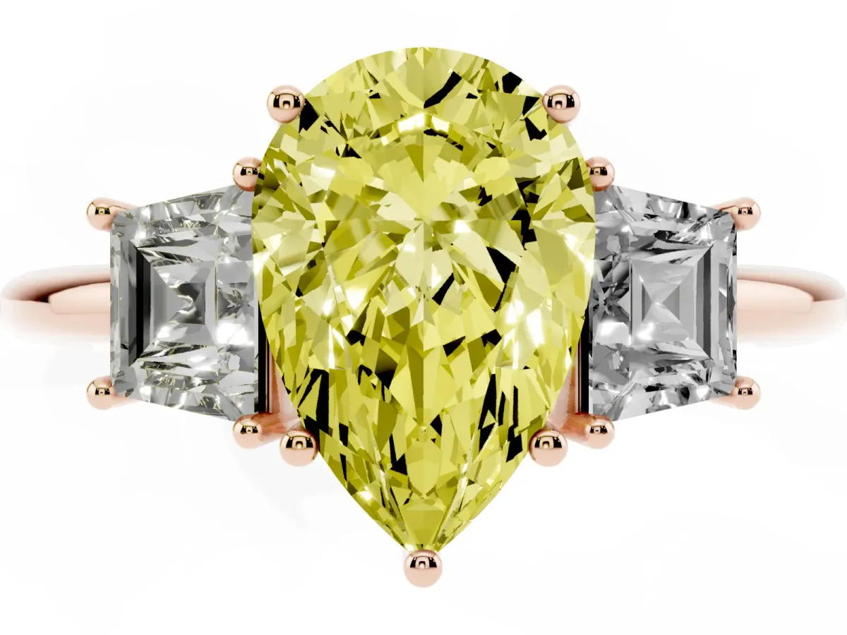 Fancy Yellow Pear Cut Diamond Three-Stone Ring with Trapezoid Side Stones and Prong Setting Rose gold