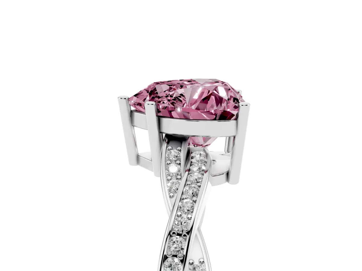 Fancy Pink Heart Cut Solitaire Twisted Pave Diamond Ring with Four-Prong Setting Silver