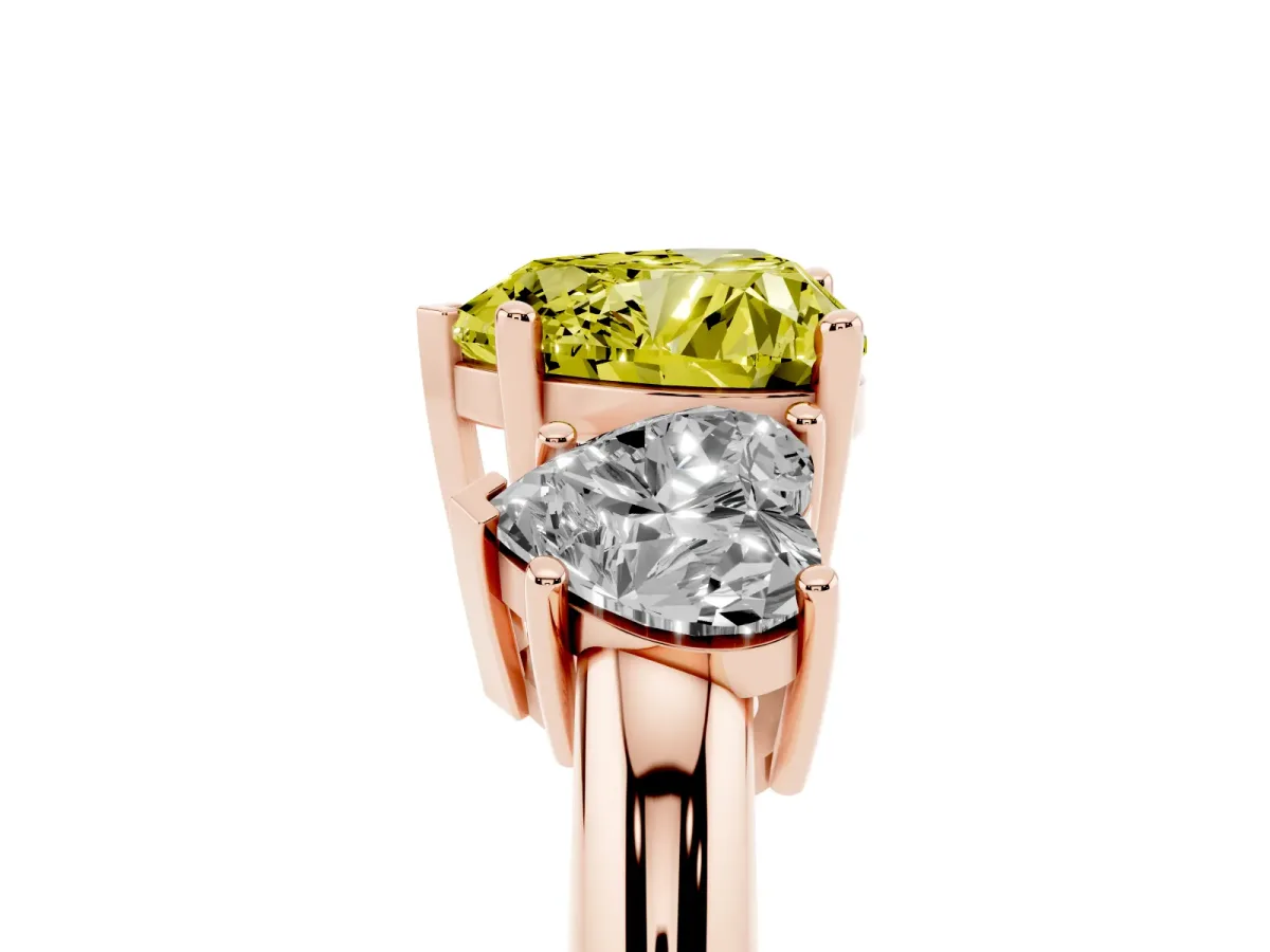 Fancy Yellow Three-Stone Heart Cut Cut Diamond Engagement Ring with Prong Setting on a White Gold Band Rose gold