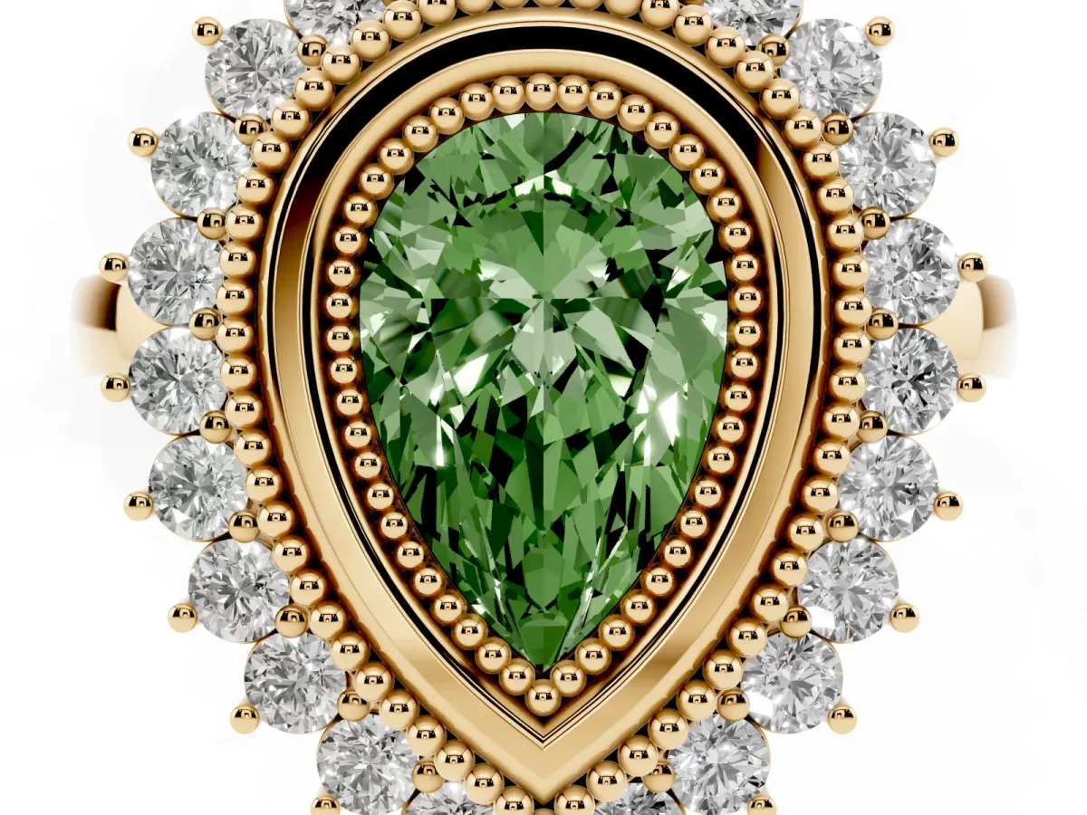 Fancy Green Pear Cut Halo Diamond Ring with Milgrain Edge and Round Prong Setting Yellow gold
