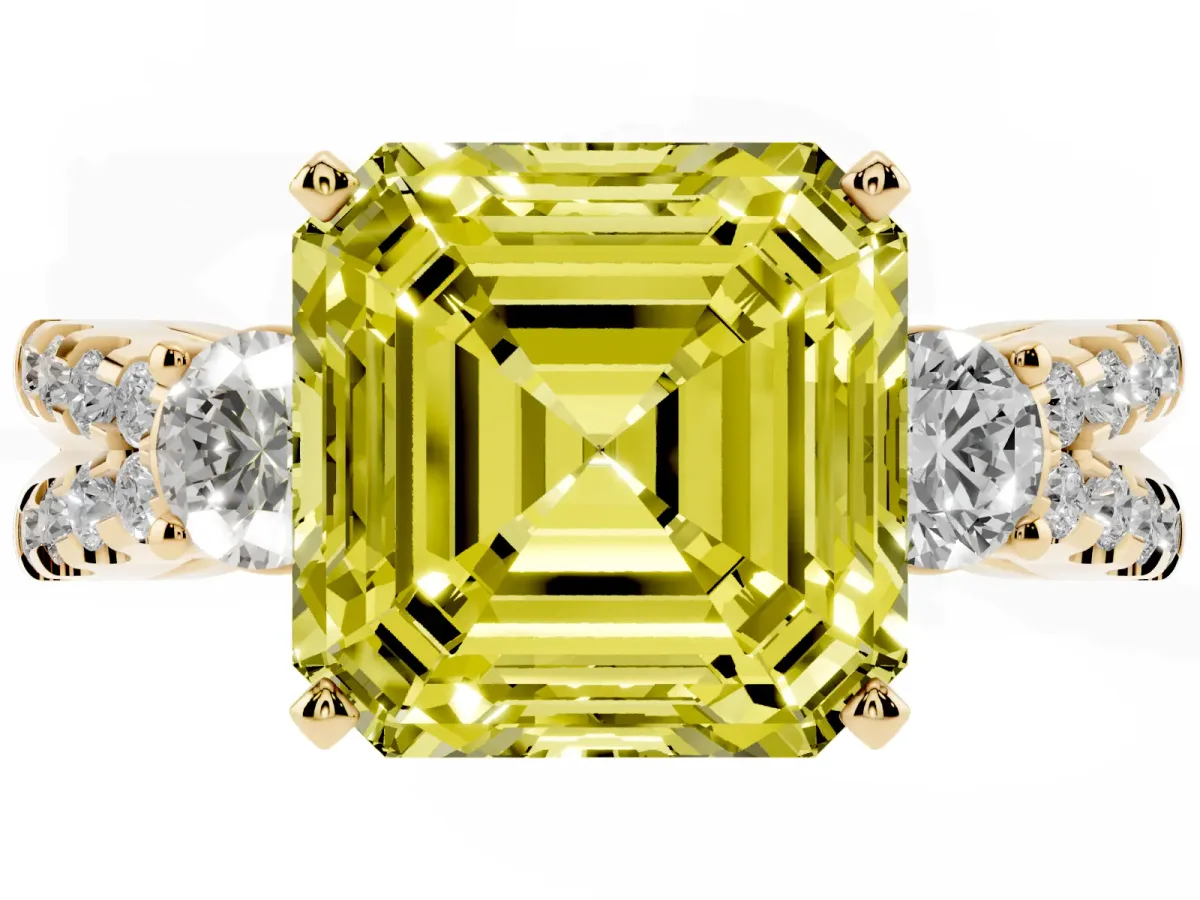 Fancy Yellow Asscher Cut Diamond Three-Stone Ring with Pavé Split Shank and Four-Prong Setting Yellow gold