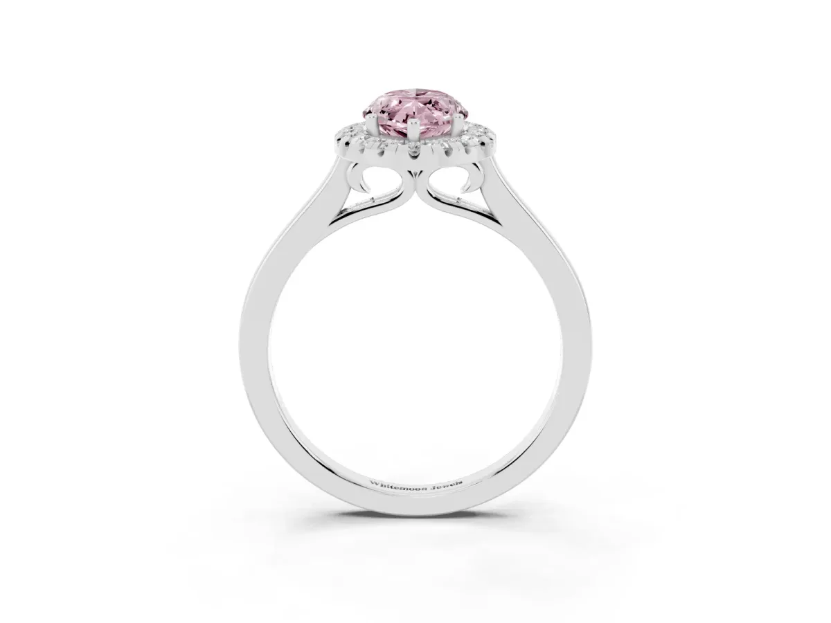 Fancy Pink Marquise Cut Halo Round Diamond Solitaire Ring with Pavé Band and Four-Prong Setting Silver