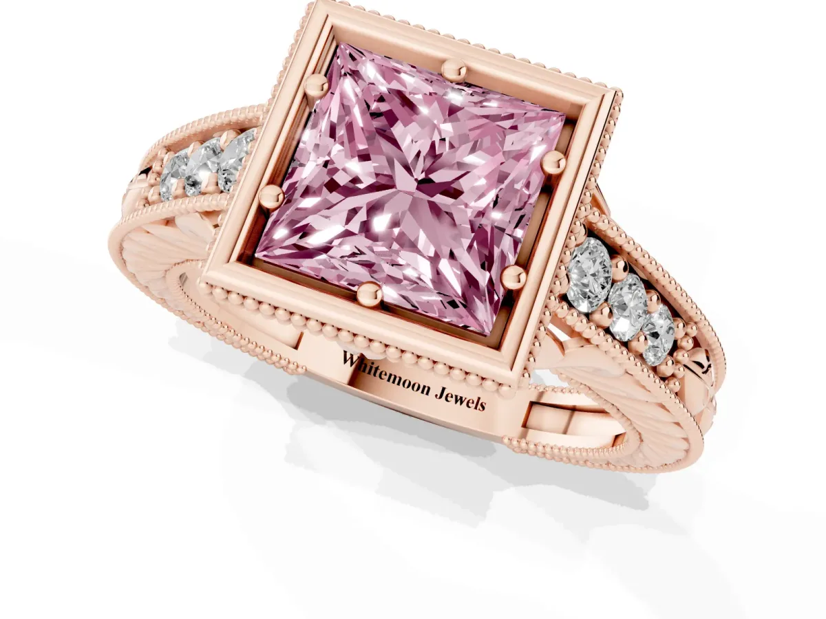 Fancy Pink Bezel Set Princess Cut Diamond Milgrain Pave Engagement Ring Rose gold