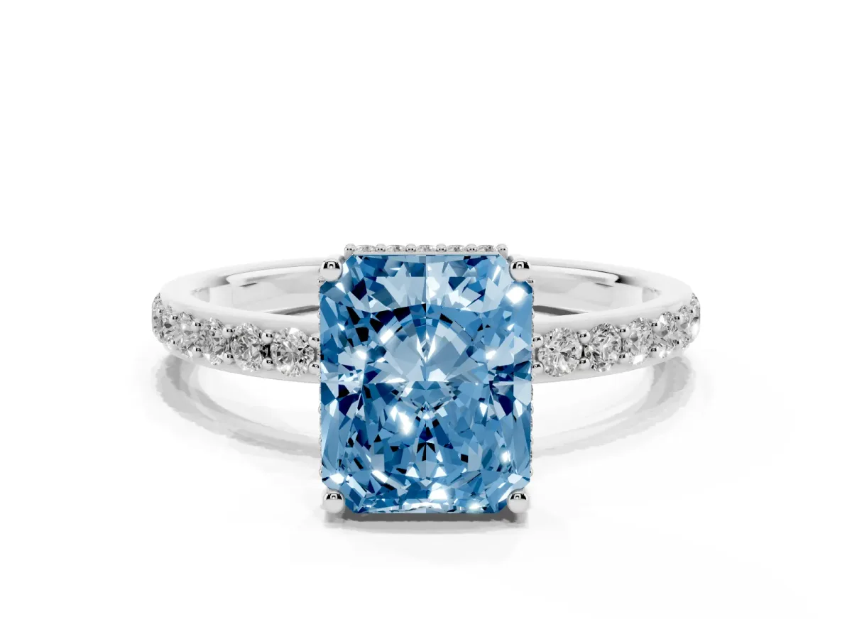 Fancy Blue Radiant Cut Diamond Solitaire Ring with Pavé Band and Hidden Halo Silver