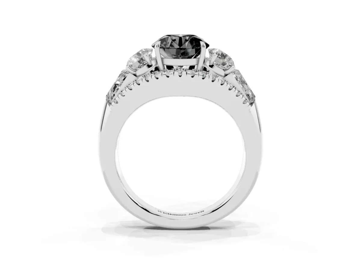 Fancy Black Three-Stone Round Cut Diamond Engagement Ring with Pave Band and Prong Setting Silver