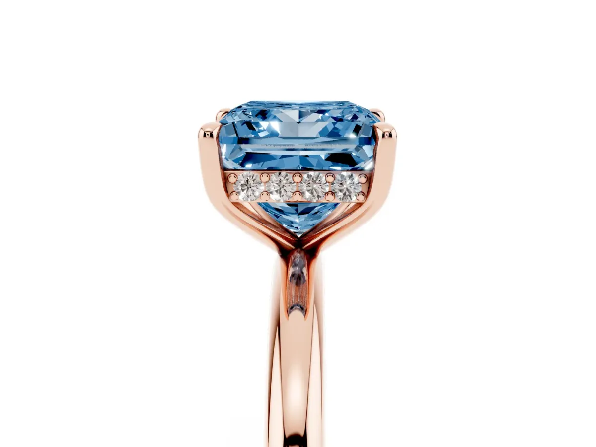 Fancy Blue Princess Cut Diamond Solitaire Ring with Thin Band and Four-Prong Setting Rose gold