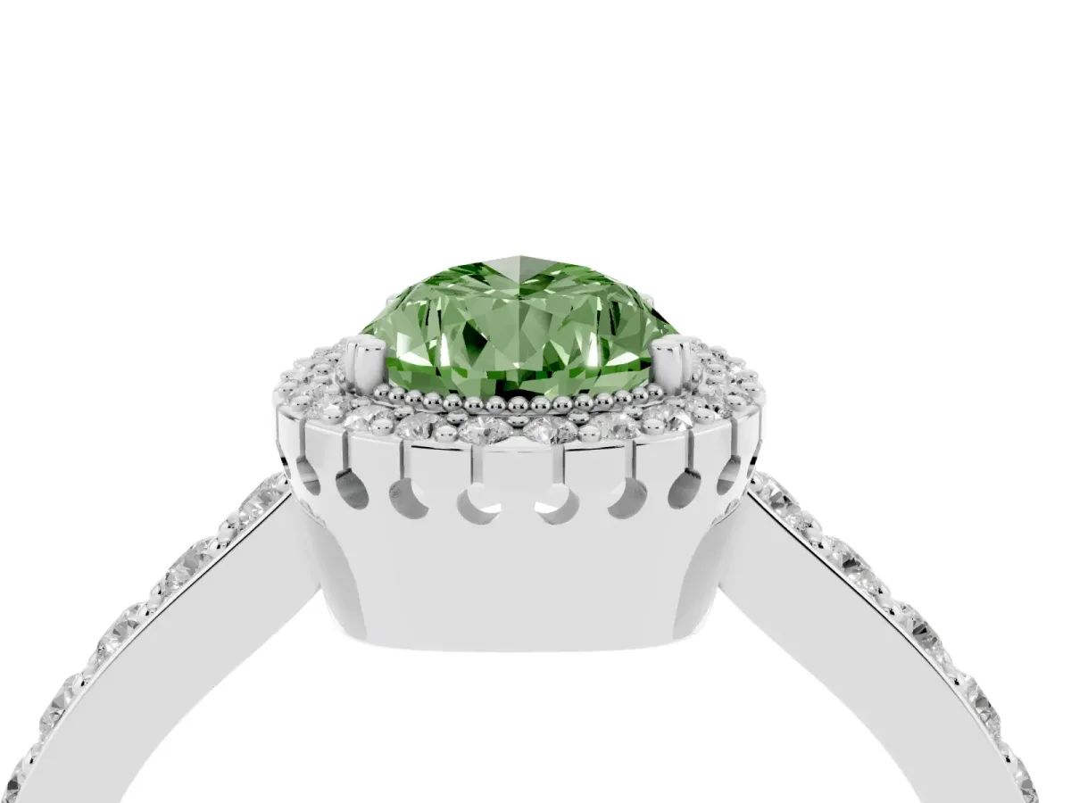 Fancy Green Pear Cut Cut Diamond Halo Engagement Ring with Milgrain Detail and Pavé Band Silver