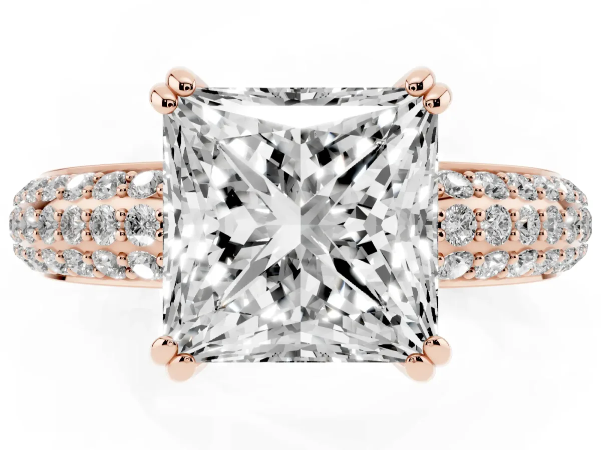 Princess Cut Diamond Solitaire Ring with Multi-Row Round Pavé Band and Prong Setting Rose gold