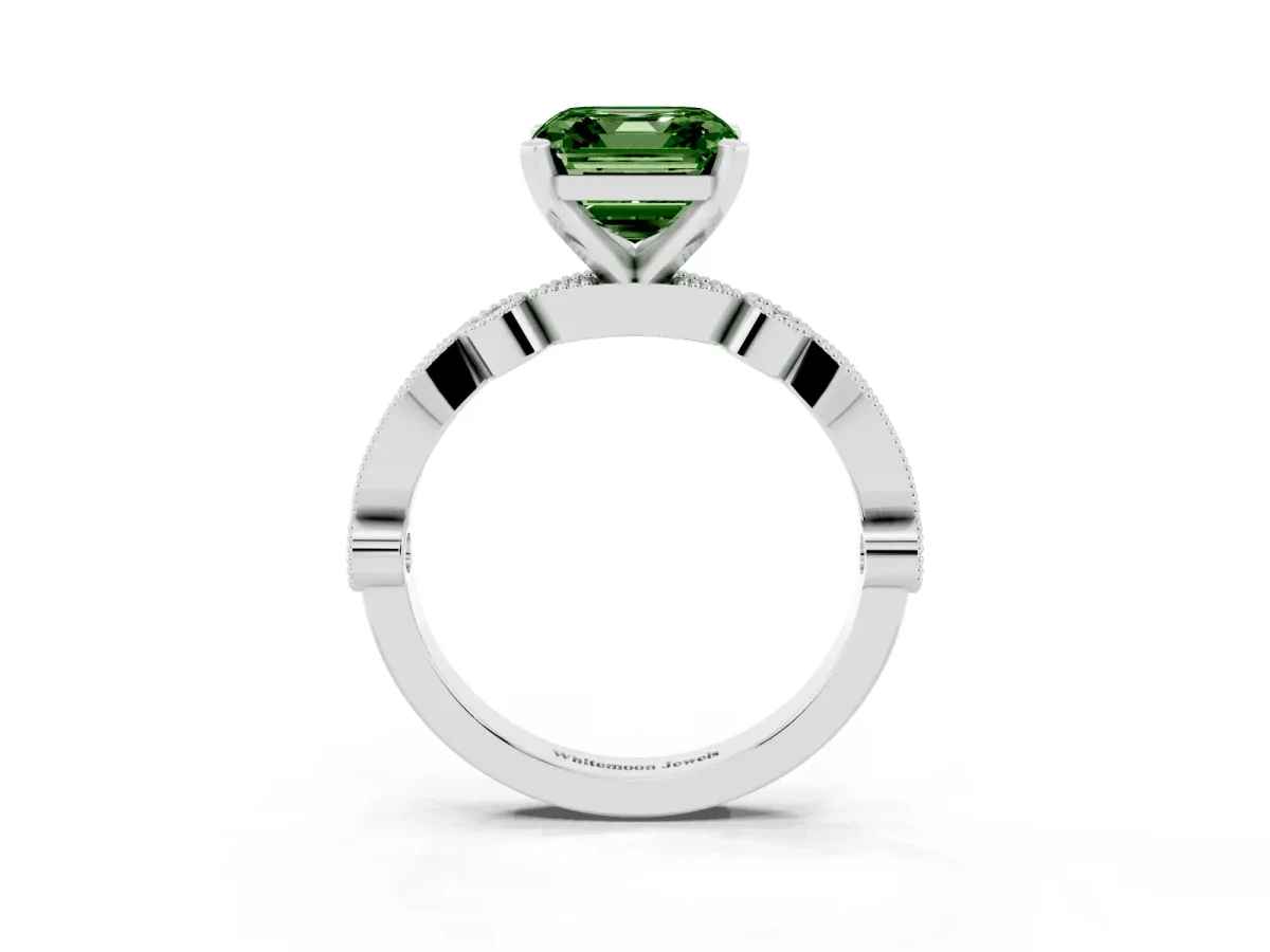 Fancy Green Asscher Cut Milgrain Bezel Diamond Engagement Ring with Solitaire Prong Setting Silver