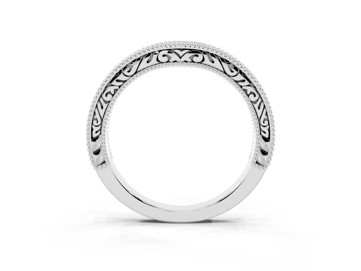Pave Round Diamond Curved Milgrain Band Silver