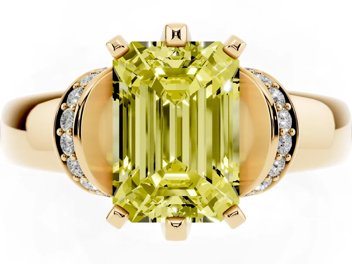 Fancy Yellow Emerald Cut Solitaire Diamond Ring with Pave Band and Six-Prong Setting Yellow gold
