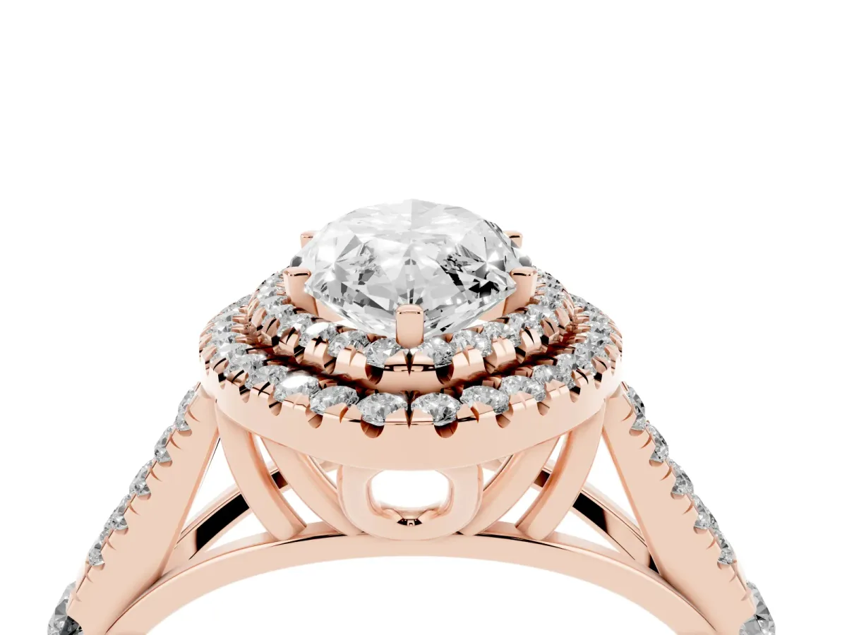 Double Halo Marquise Cut Diamond Split Shank Engagement Ring with Four-Prong Setting Rose gold