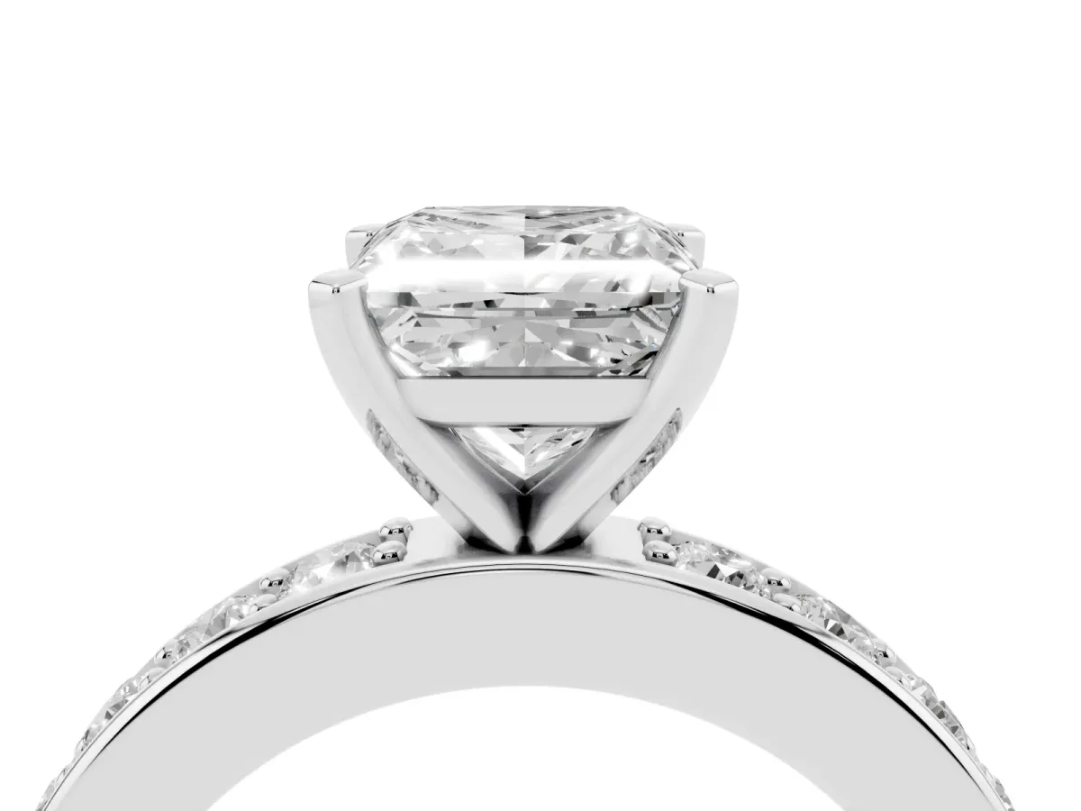 Princess Cut Diamond Engagement Ring with Channel Set Round Band and Prong Setting Platinum