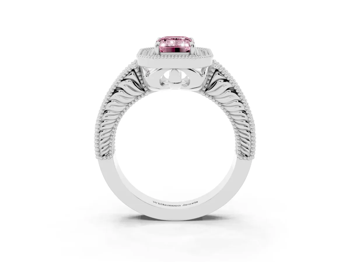 Fancy Pink Emerald Cut Cut Halo Diamond Ring with Pavé Band and Four-Prong Setting Platinum