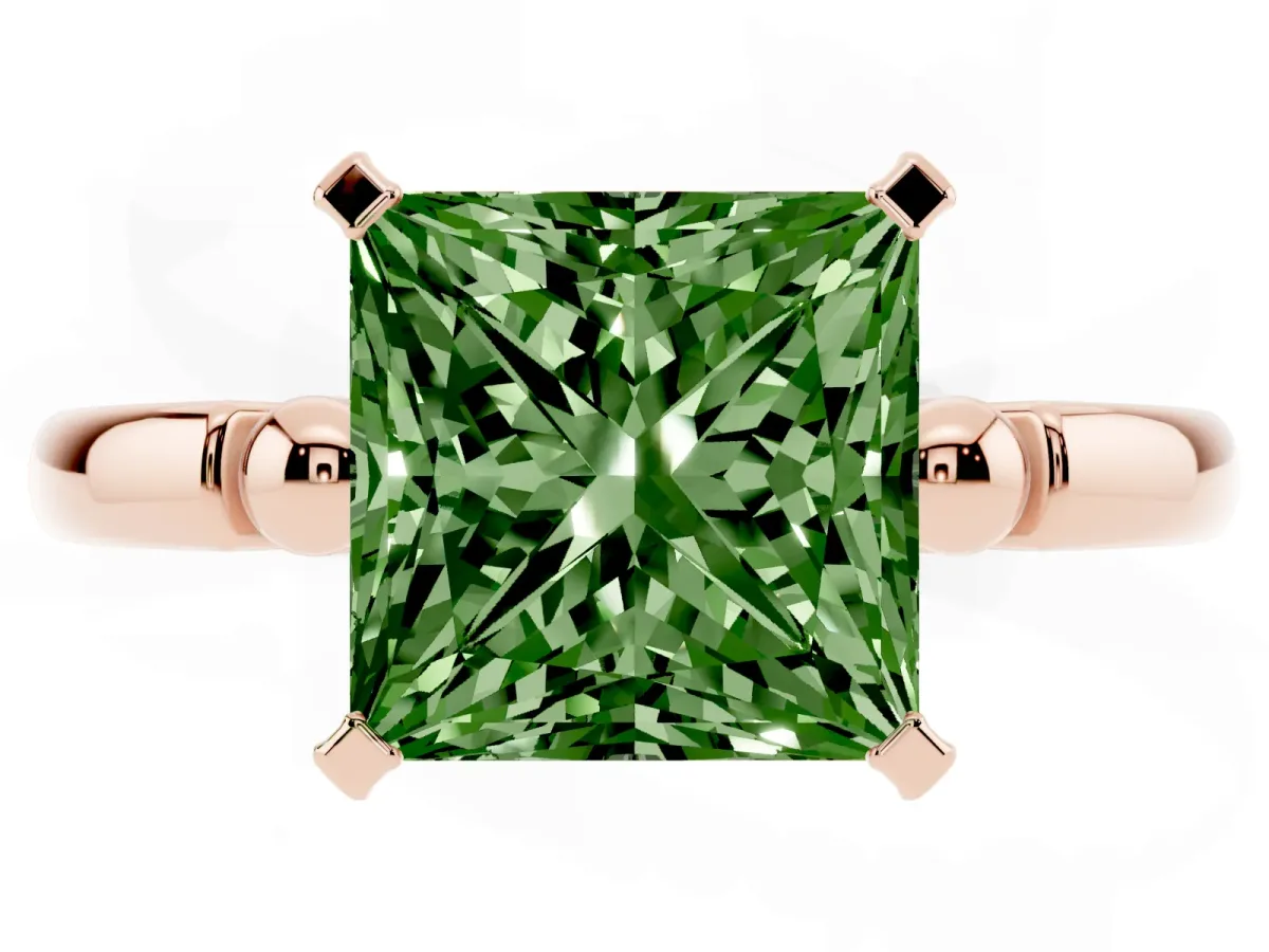 Fancy Green Princess Cut Solitaire Beaded Band with Four-Prong Setting Rose gold