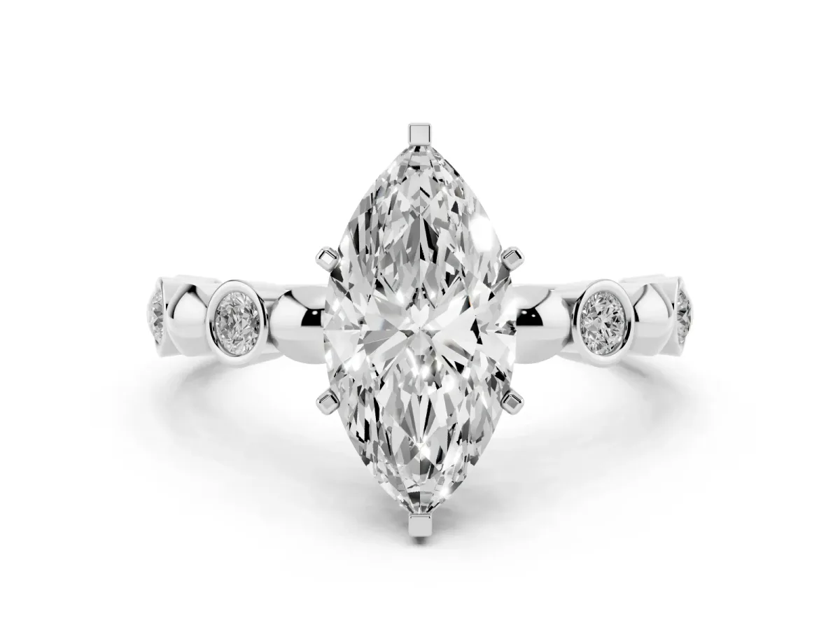 Marquise Cut Solitaire Bezel-Set Diamond Ring with Beaded Band and Four-Prong Setting Silver