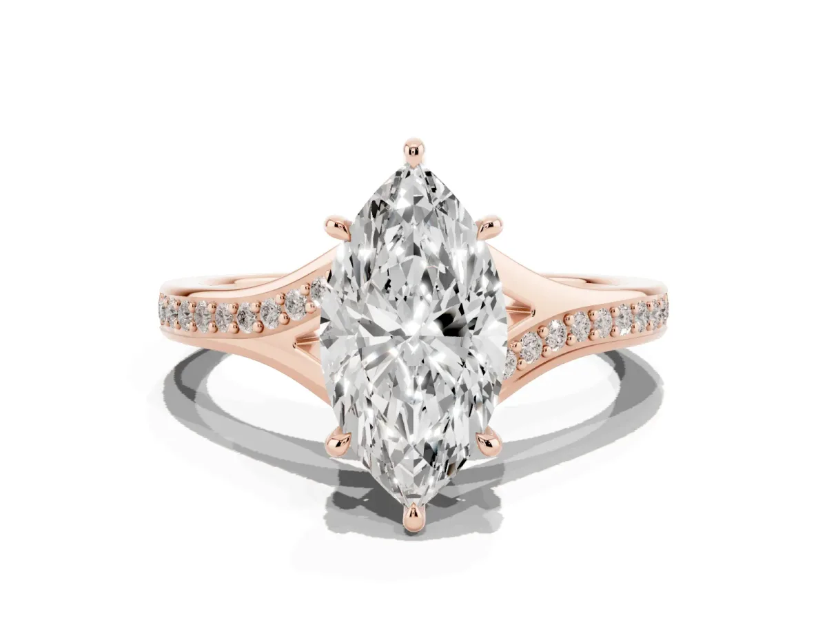 Marquise Cut Diamond Solitaire Ring with Pavé Band and Prong Setting Rose gold