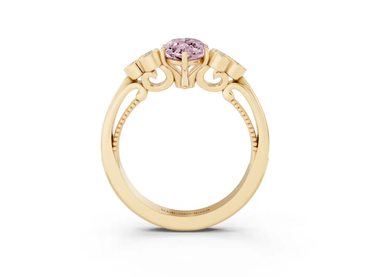 Fancy Pink Marquise Cut Cut Diamond Engagement Ring with Bezel Set Round Side Stones and Prong Setting Yellow gold