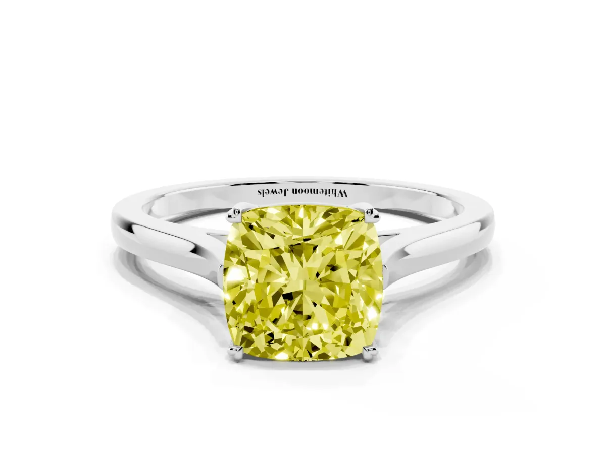 Fancy Yellow Cushion Cut Solitaire Heart Prong Engagement Ring with Tapered Band Silver