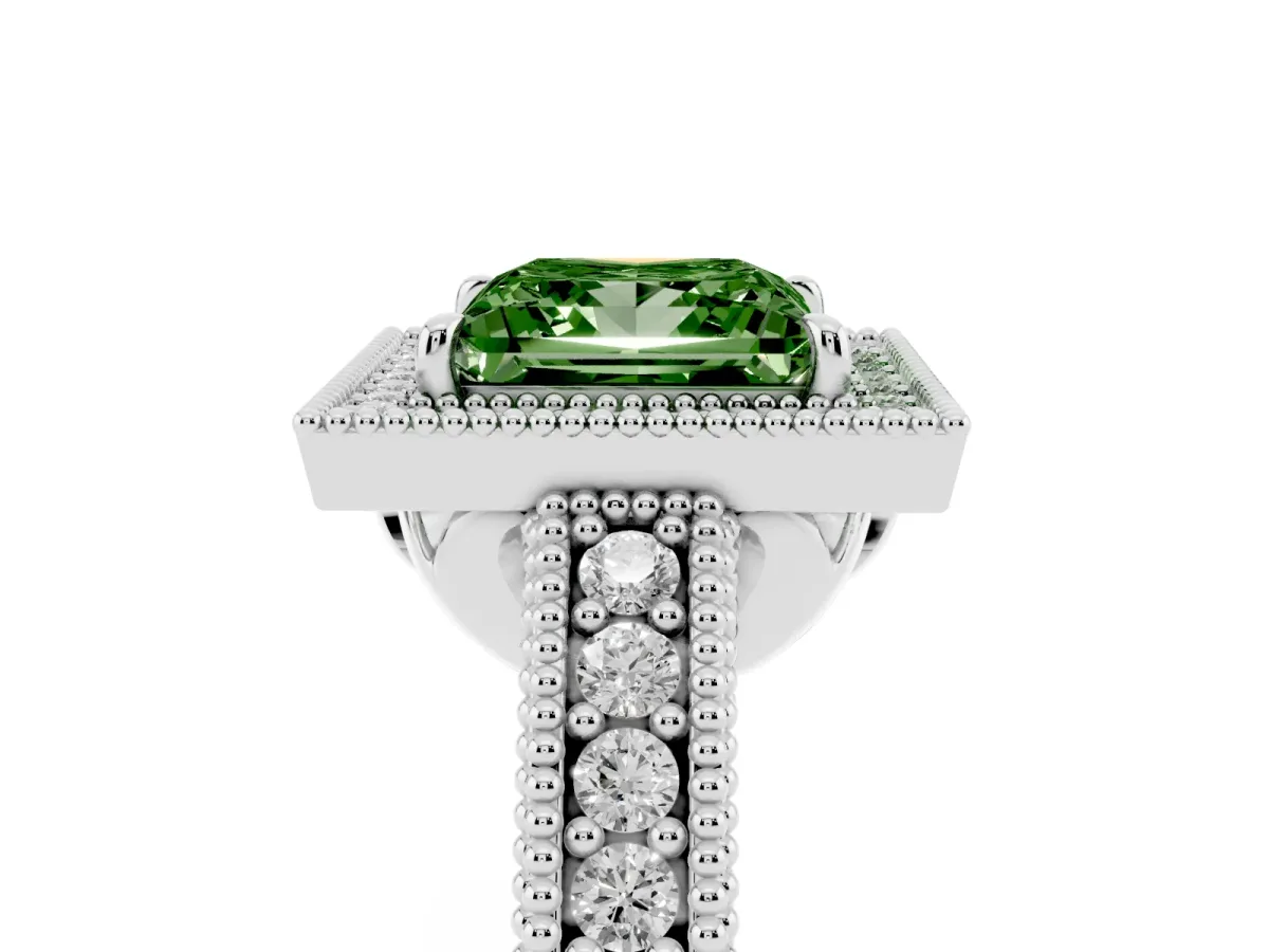 Fancy Green Princess Cut Cut Halo Diamond Ring with Pavé Band and Four-Prong Setting Silver