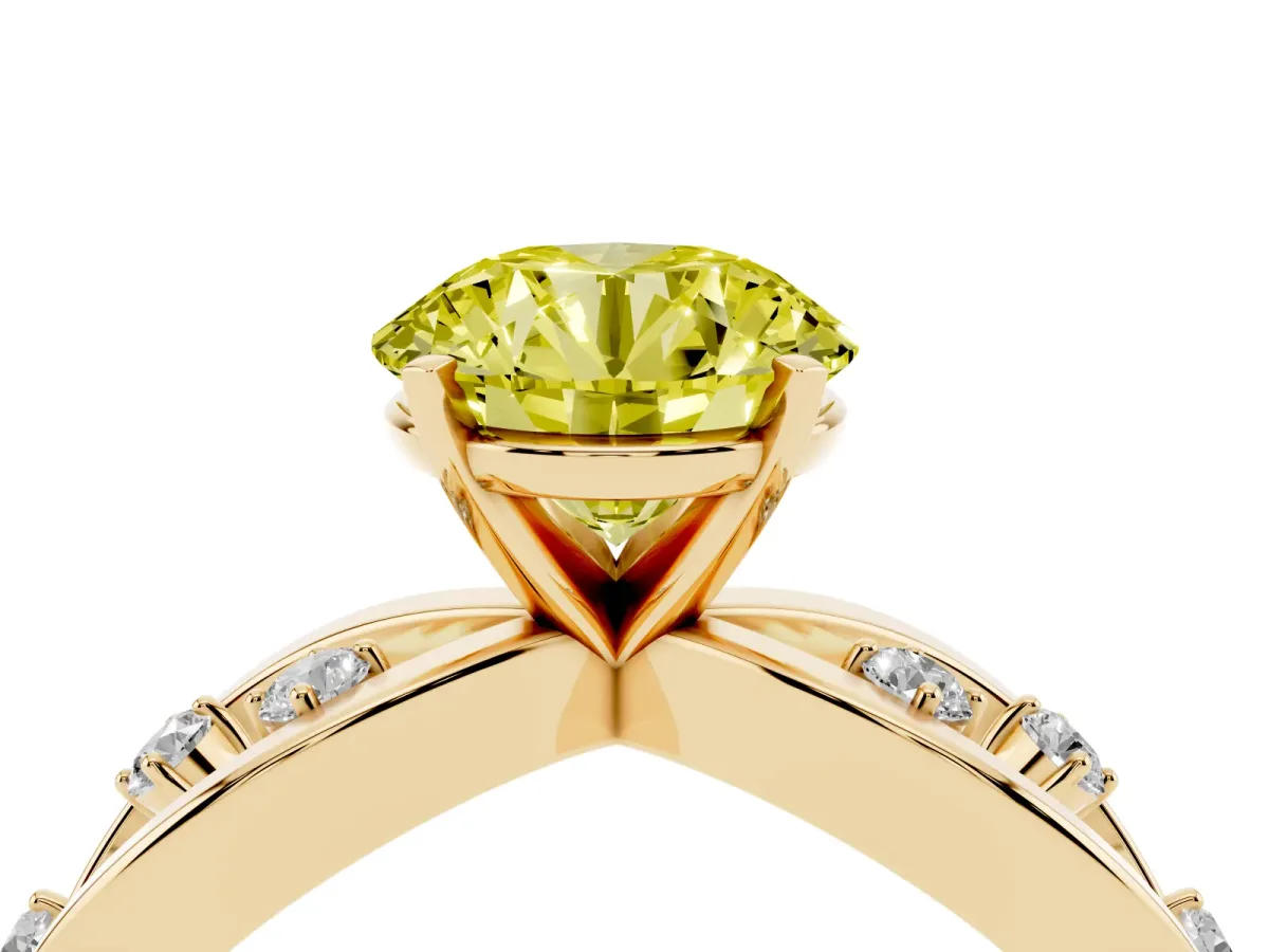 Fancy Yellow Round Cut Cut Solitaire Diamond with Side Stones on Criss-Cross Band and Four-Prong Setting Yellow gold