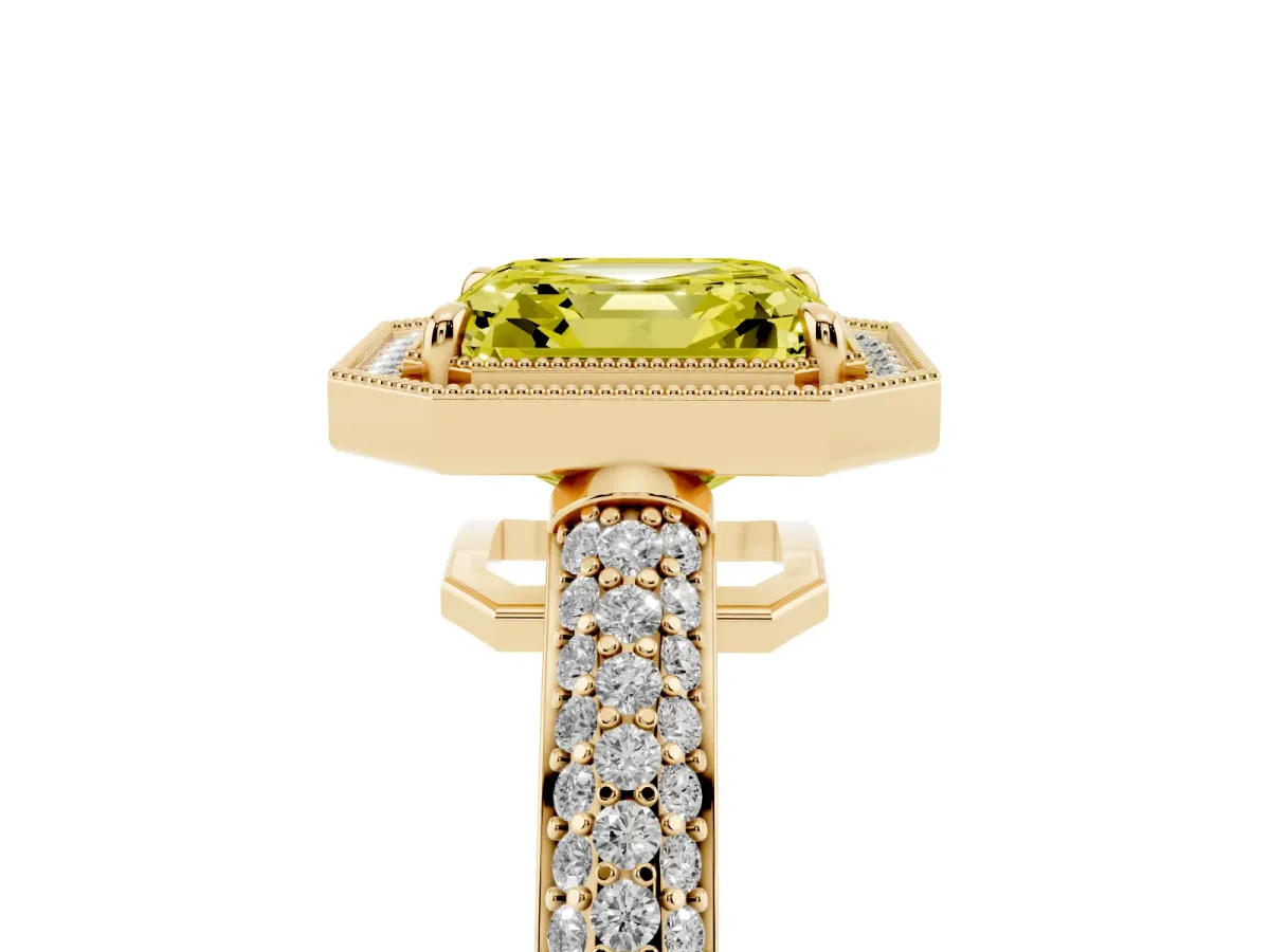 Fancy Yellow Asscher Cut Cut Halo Diamond Pave Band with Four-Prong Setting Yellow gold