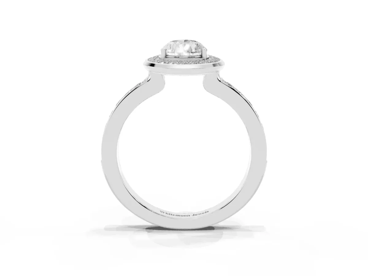 Pear Cut Diamond Halo Ring with Bezel Frame and Pavé Band Silver
