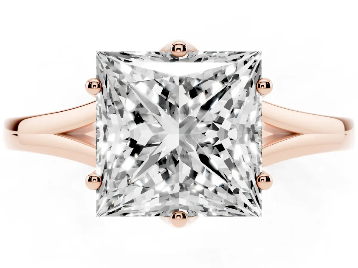 Princess Cut Solitaire Diamond Ring with Six-Prong Setting and Tapered Band Rose gold