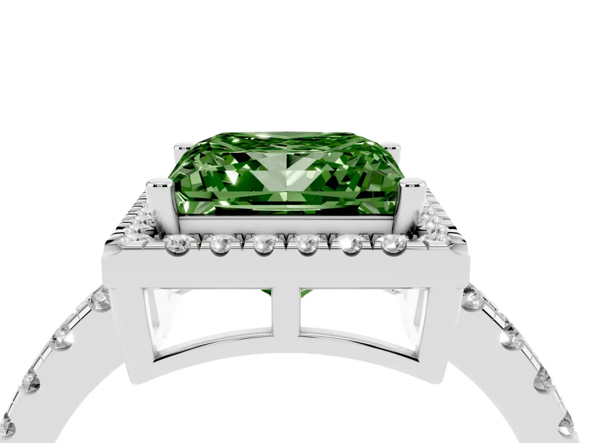 Fancy Green Princess Cut Diamond Halo Ring with Pavé Band and Four-Prong Setting Platinum