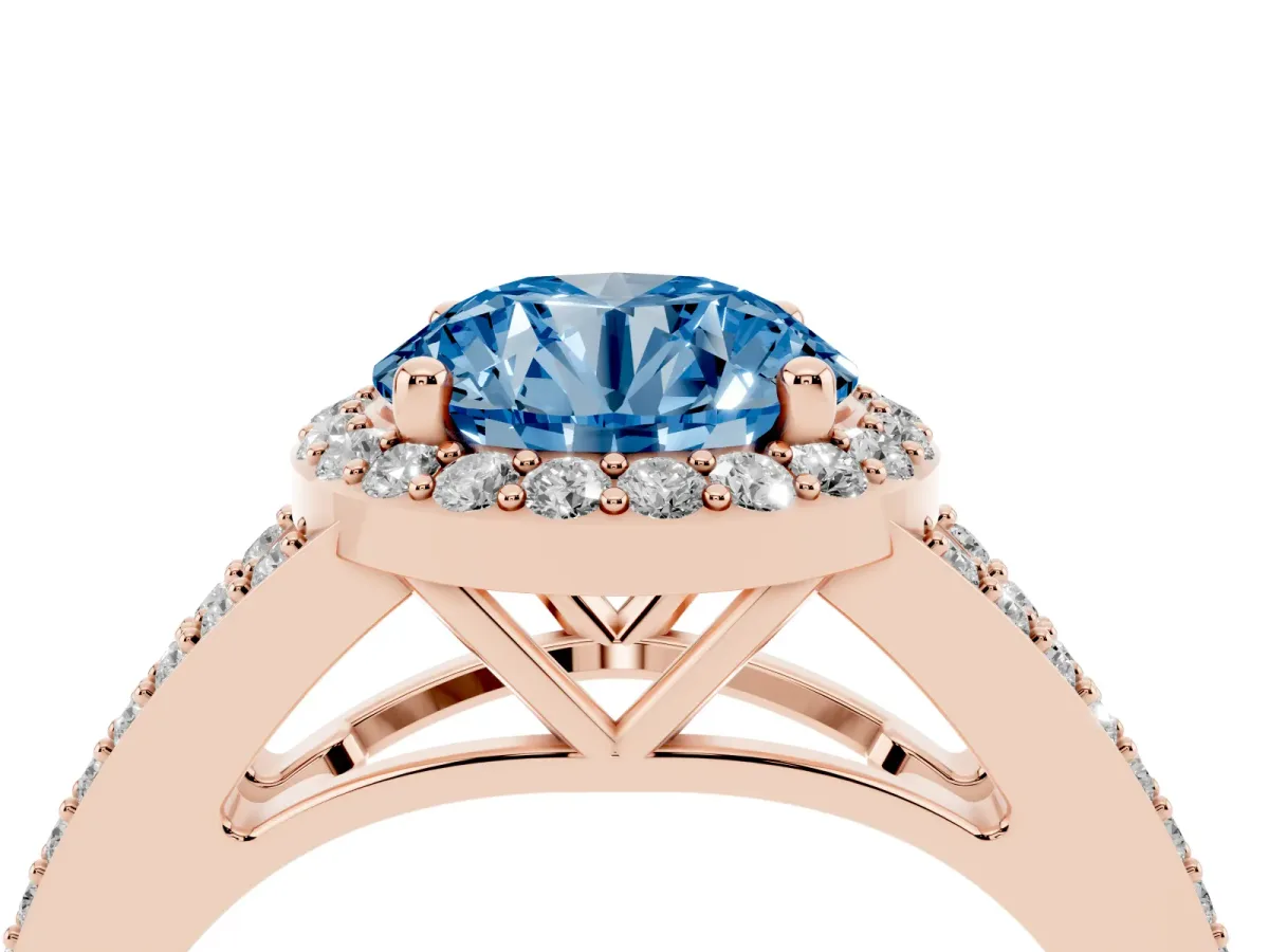 Fancy Blue Round Cut Halo Split Shank Pave Diamond Ring with Four-Prong Setting Rose gold