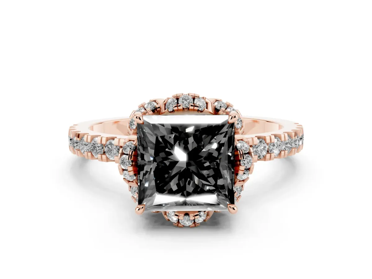 Fancy Black Princess Cut Diamond Halo Pave Band with Four-Prong Setting Rose gold